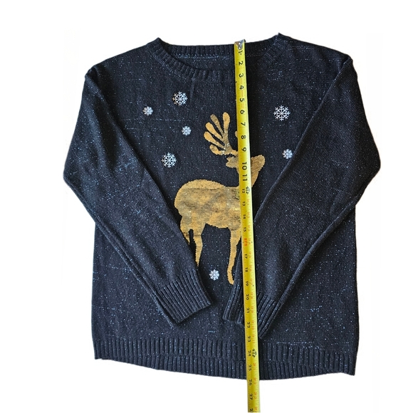 KAREN SCOTT Christmas Whimsy Sweater Black w/ Speckles & Sequin Reindeer Size L - Picture 11 of 12